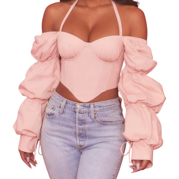 Oh Polly Blush Pink Bustier Corset Off Shoulder Long Sleeve Blouse Crop 2 NEW - Picture 7 of 7